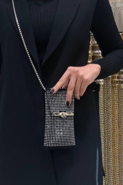 Taşlı zincirli çanta Gri Siyah