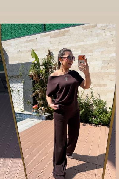 KAYIK YAKA MODAL KUMAŞ İKİLİ TAKIM  Acı Kahve