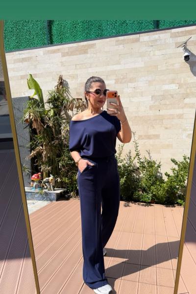 KAYIK YAKA MODAL KUMAŞ İKİLİ TAKIM  Lacivert