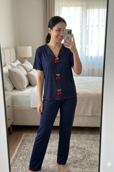 KİRAZ DETAY PİJAMA TAKIMI  Lacivert