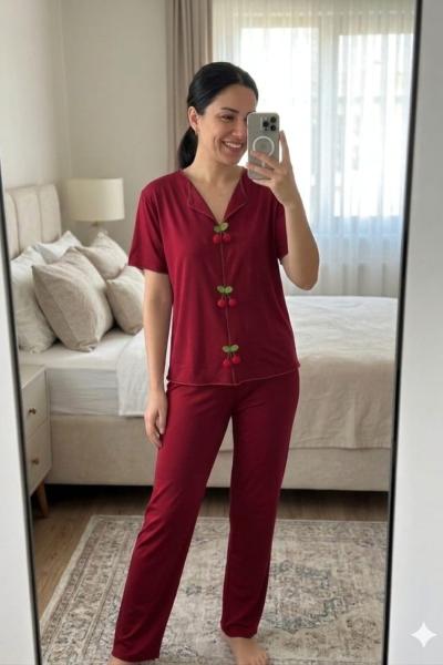 KİRAZ DETAY PİJAMA TAKIMI  Kırmızı