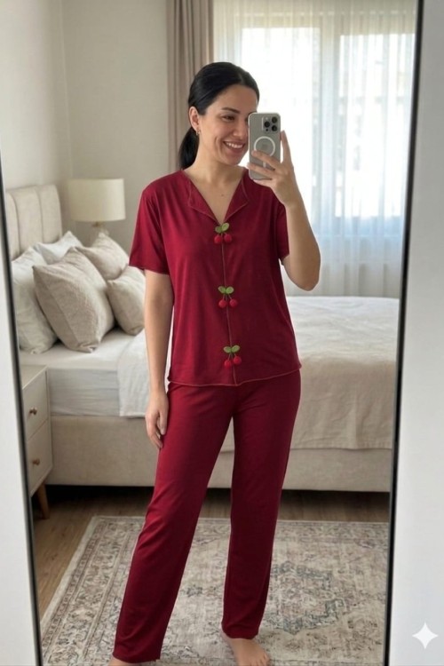 KİRAZ DETAY PİJAMA TAKIMI  Kırmızı