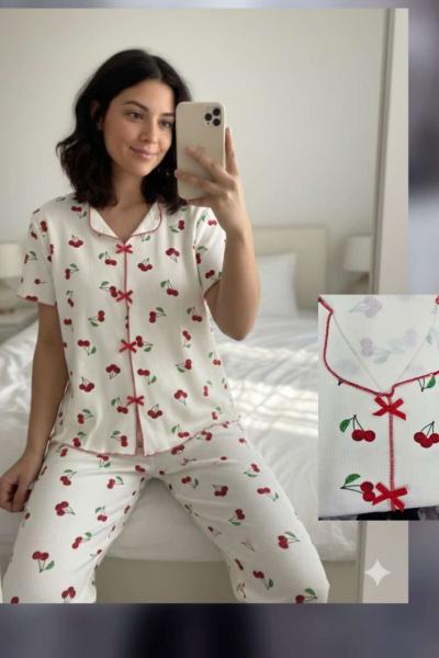 KİRAZLI PİJAMA TAKIMI  Beyaz