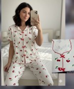 KİRAZLI PİJAMA TAKIMI  Beyaz