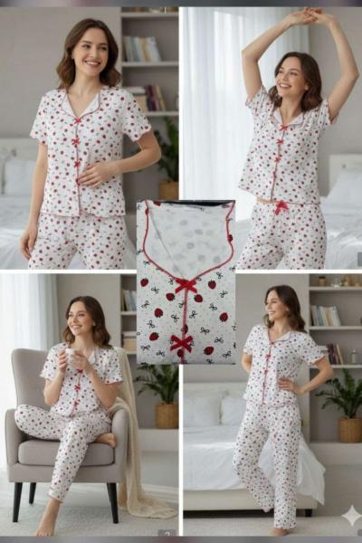 Çilekli pijama takımı  Beyaz