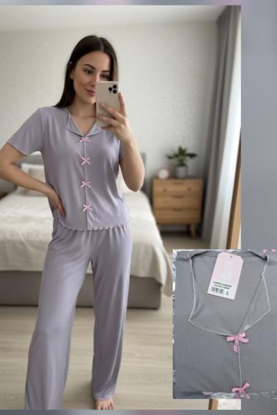 PEMBE FİYONK DETAY PİJAMA TAKIMI  Gri