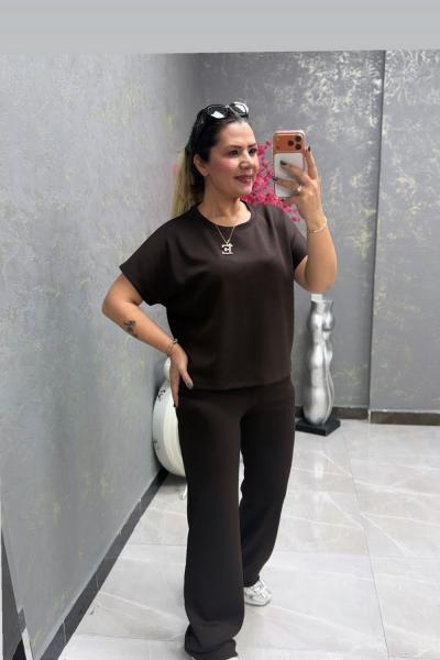 YUVARLAK YAKA MODAL KUMAŞ İKİLİ TAKIM  Acı Kahve