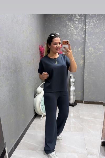 YUVARLAK YAKA MODAL KUMAŞ İKİLİ TAKIM  Antrasit