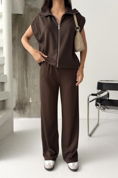 Oysh paraşüt garnili yelekli takım Acı Kahve