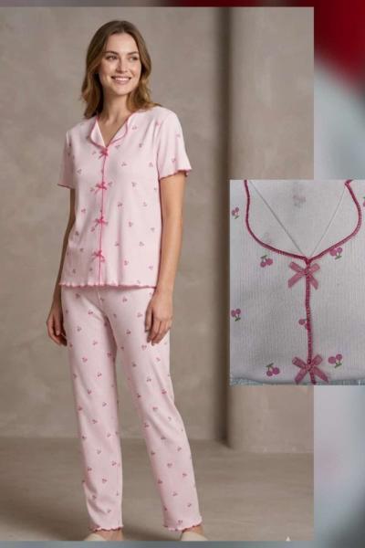 KİRAZLI PEMBE PİJAMA TAKIMI  Pembe