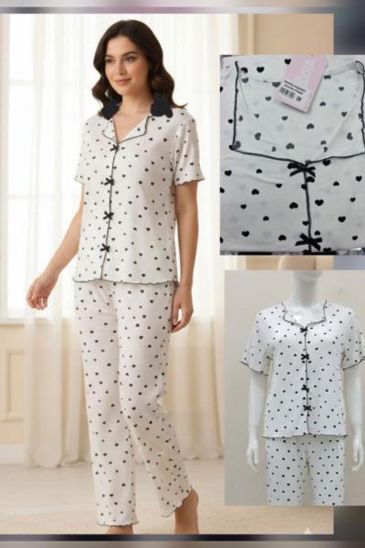 KALPLİ SİYAH PİJAMA TAKIMI  Beyaz