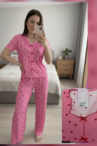 PEMBE KALPLİ PİJAMA TAKIMI  Pembe