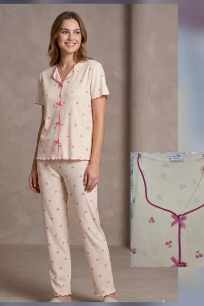 KİRAZLI PEMBE PİJAMA TAKIMI  Sarı