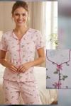 PEMBE FİYONKLU YAPRAK DESENLİ PİJAMA TAKIMI  Pembe