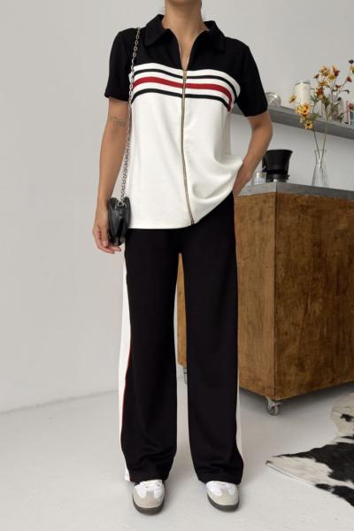 FERMUARLI ÇİZGİ DETAY İKİLİ TAKIM  Siyah