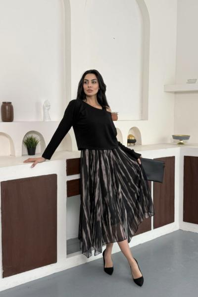 Omuz detaylı şifon elbise   Siyah