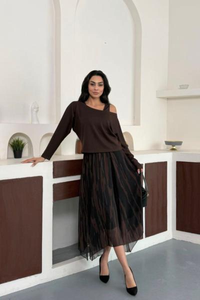 Omuz detaylı şifon elbise   Acı Kahve