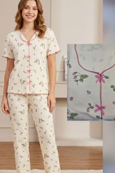 PEMBE FİYONKLU YAPRAK DESENLİ PİJAMA TAKIMI  Sarı