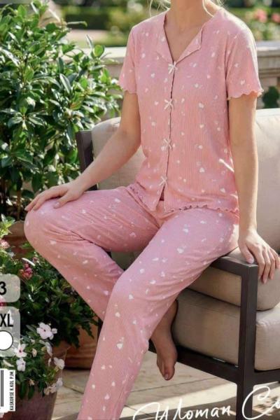 BEYAZ KALPLİ PEMBE PİJAMA TAKIMI  Pembe