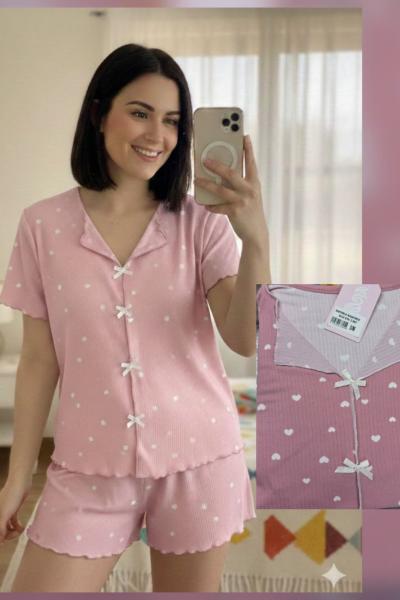 BEYAZ MİNİK KALPLİ ŞORTLU TAKIM  Pembe