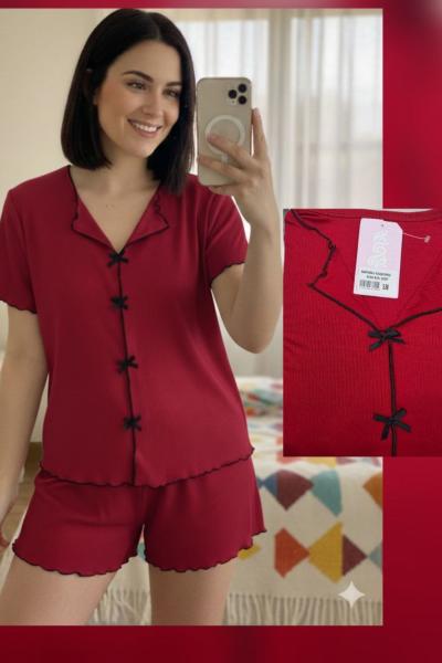 KIRMIZI SİYAH FİYONKLU ŞORTLU TAKIM  Kırmızı