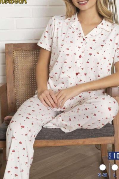 KİRAZLI DÜĞMELİ PİJAMA TAKIMI  Beyaz