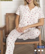 KİRAZLI DÜĞMELİ PİJAMA TAKIMI  Beyaz