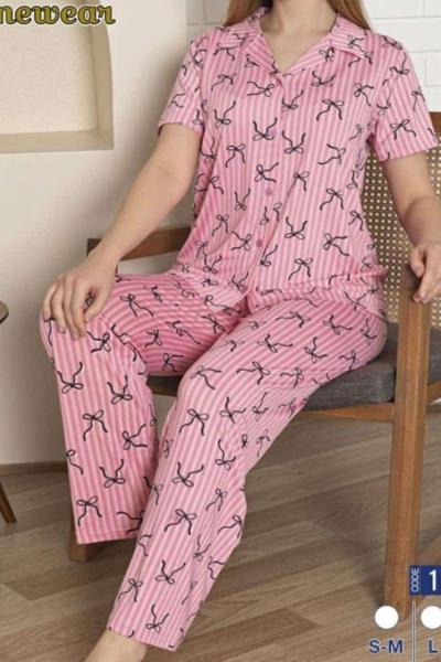 FİYONK DETAYLI DÜĞMELİ PİJAMA TAKIMI  Pembe