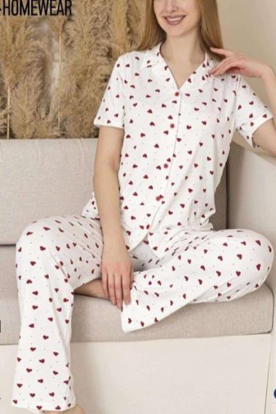 KIRMIZI KALPLİ DÜĞMELİ PİJAMA TAKIMI  Beyaz