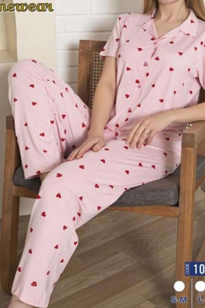 KIRMIZI KALPLİ ÇİZGİLİ PİJAMA TAKIMI  Pembe