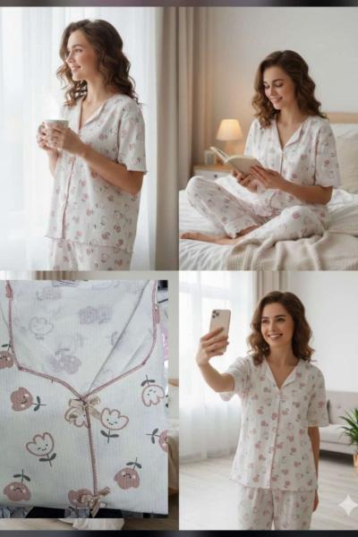 GÜLEN YÜZ ÇİÇEKÇİ PİJAMA TAKIMI  Krem