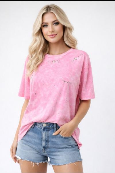 YIKANABİLİR ZIMBA DETAYLI TİŞÖRT Pembe