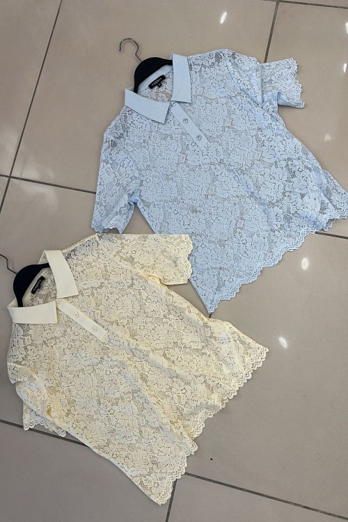 POLO YAKA DANTELLİ BLUZ  Sarı