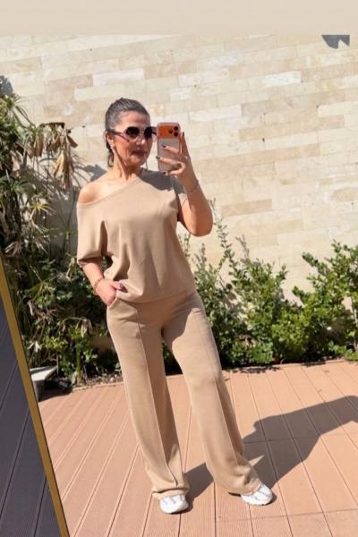 KAYIK YAKA MODAL KUMAŞ İKİLİ TAKIM  Bej