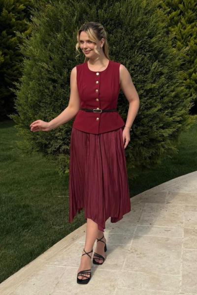 YELEKLİ ELBİSE Bordo
