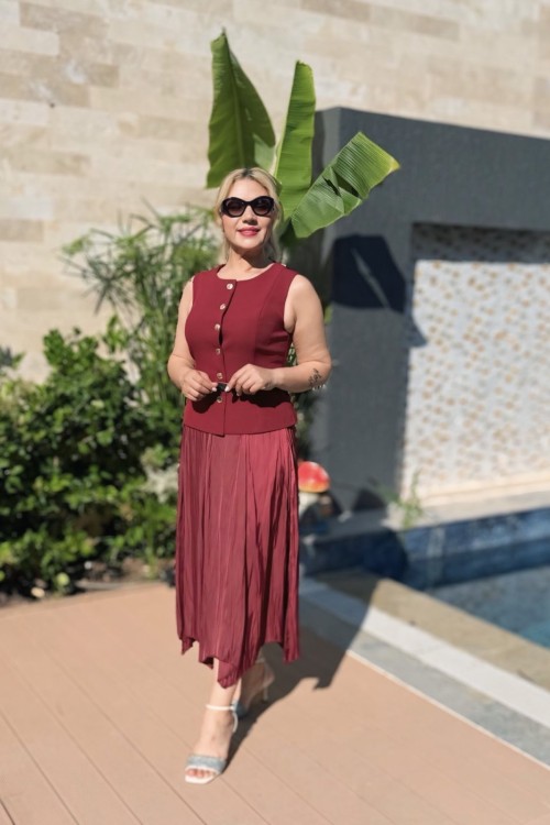 YELEKLİ ELBİSE Bordo