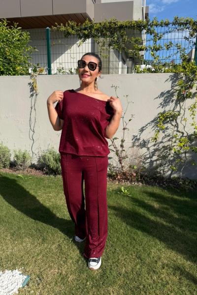 SİMLİ KAYIK YAKA İKİLİ TAKIM  Bordo