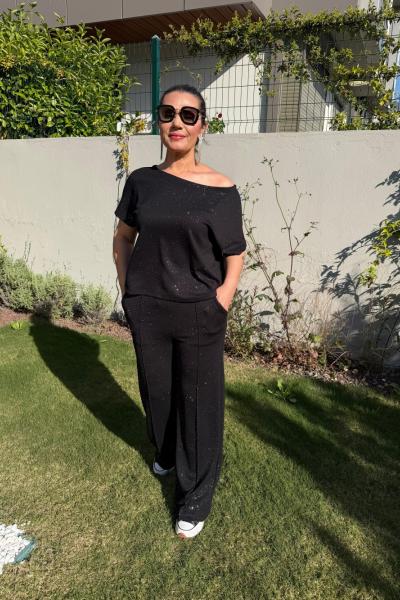 SİMLİ KAYIK YAKA İKİLİ TAKIM  Siyah