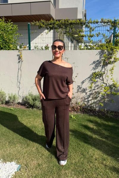 SİMLİ KAYIK YAKA İKİLİ TAKIM  Acı Kahve