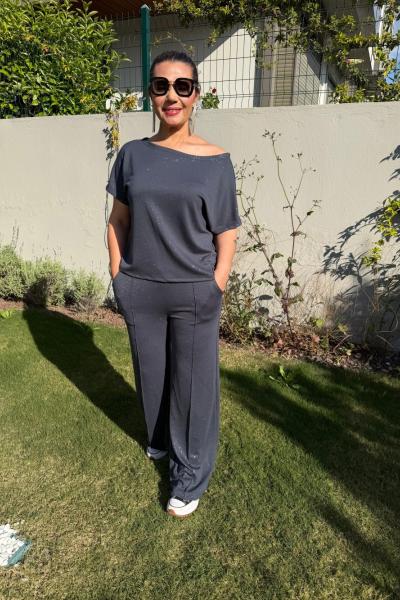 SİMLİ KAYIK YAKA İKİLİ TAKIM  Antrasit