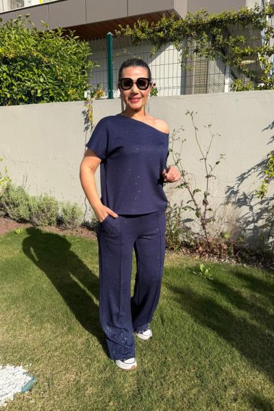 SİMLİ KAYIK YAKA İKİLİ TAKIM  Lacivert