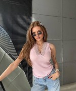 V YAKA DANTELLİ ATLET Pembe