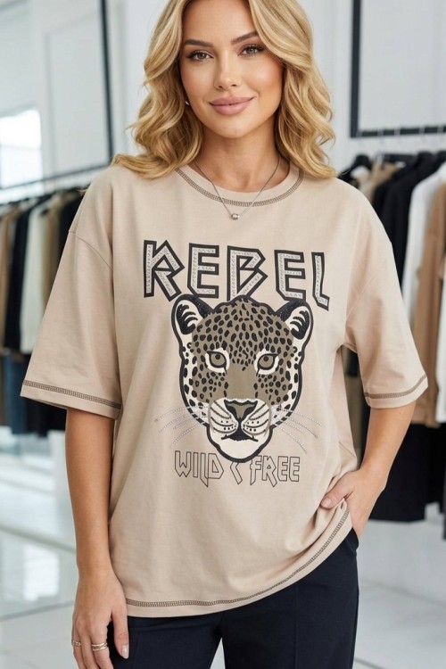 REBEL YAZILI TİŞÖRT  Bej