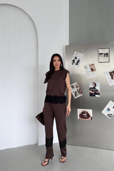 VATKALI PAÇA DANTEL DETAY İKİLİ TAKIM Acı Kahve