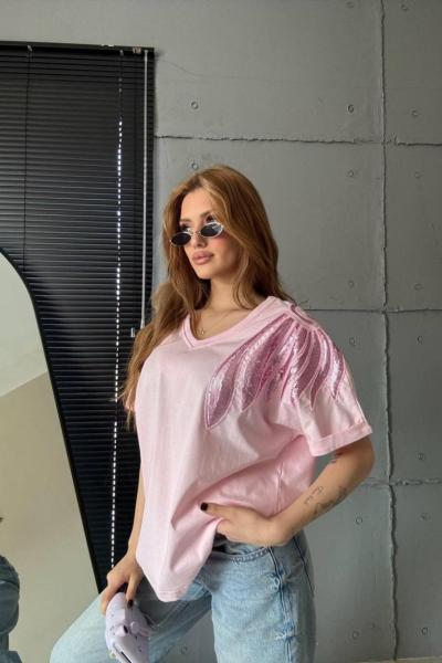 V YAKA OMUZ DETAYLI TİŞÖRT Pembe