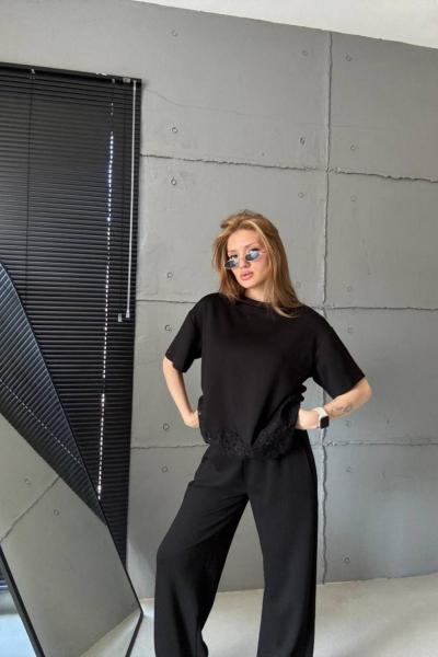 PAÇA DANTEL İŞLEMELİ İKİLİ TAKIM  Siyah
