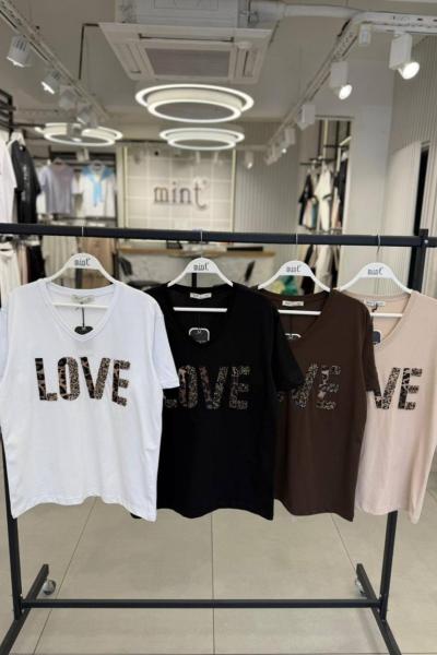 V YAKA LOVE YAZILI TİŞÖRT  Acı Kahve