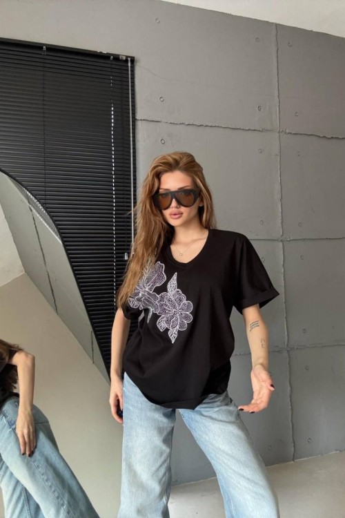SOL İKİ BÜYÜK  PAPATYALI TİŞÖRT  Siyah