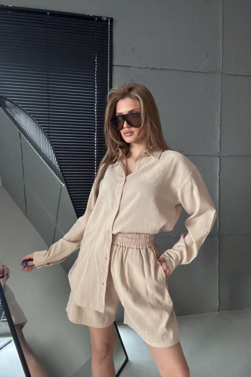 GÖMLEKLİ ŞORTLU TAKIM  Bej