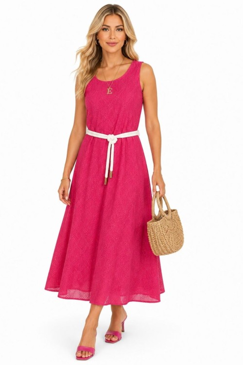GÜPÜR DETAY KEMERLİ ELBİSE  Pembe